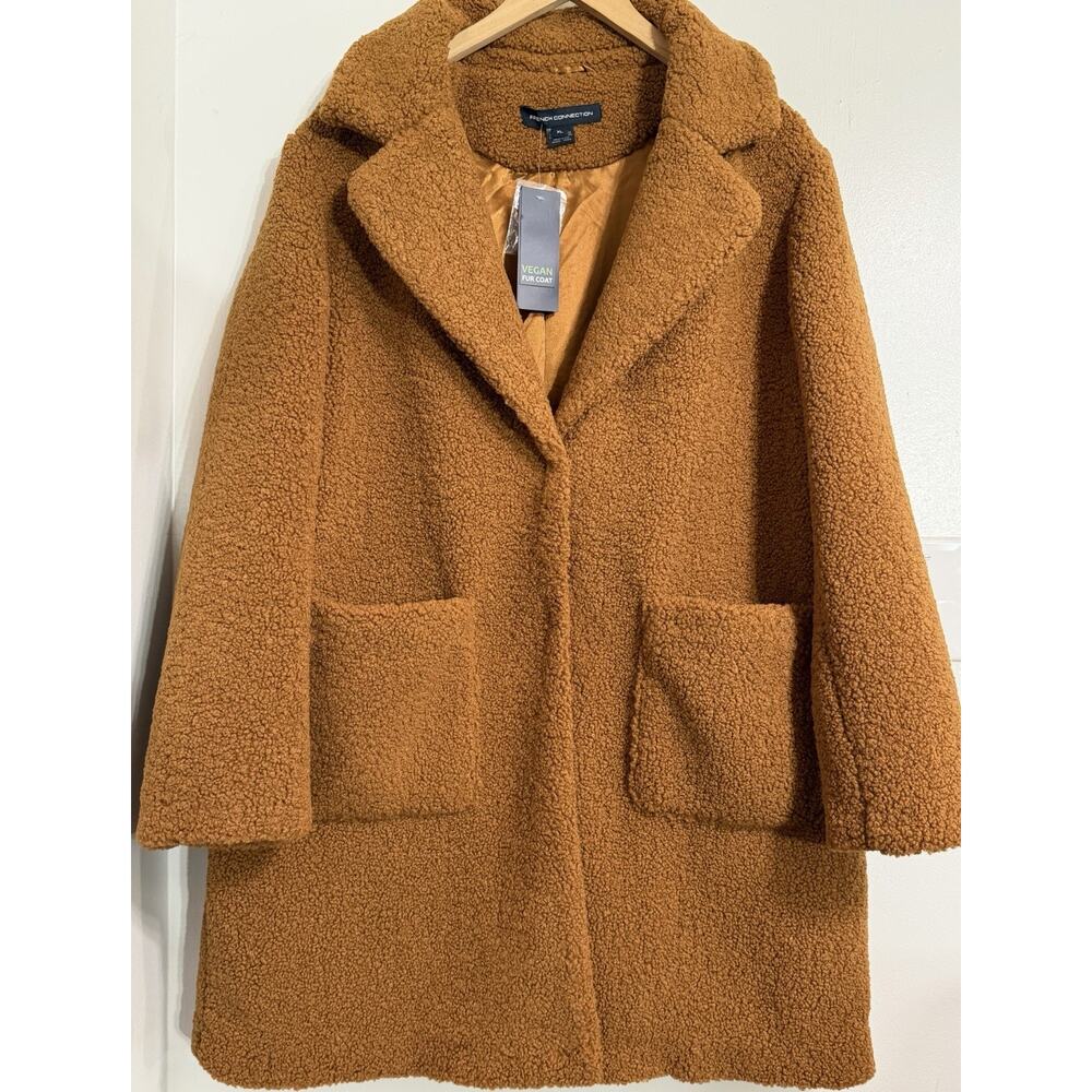 New FRENCH CONNECTION Notch Collar Faux Fur Teddy Lapel Midi Textured Coat XL